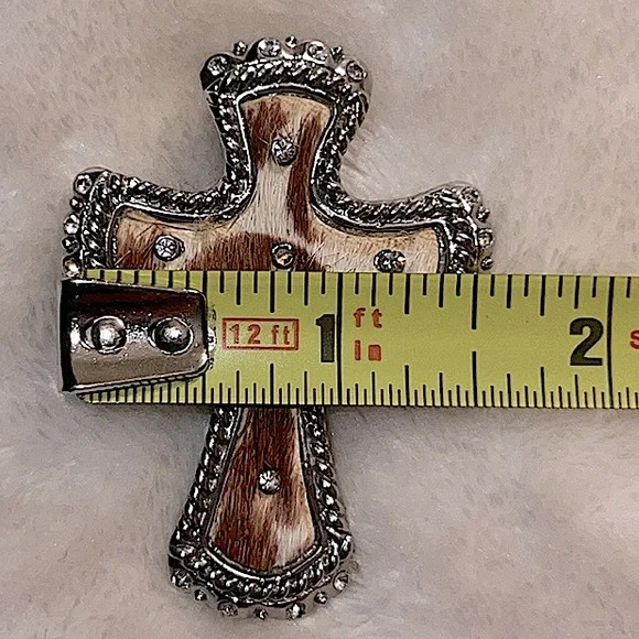 ✝️ GENUINE COWHIDE RHINESTONE STAINLESS STEEL CROSS CLIP SLIDE NECKLACE PENDANT - Picture 10 of 11